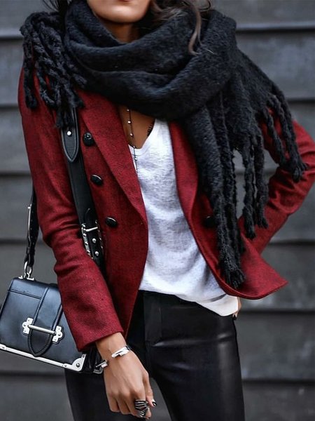

Plain Long Sleeves Buttoned Plus Size Casual Outwear, Red, Coats & Jackets