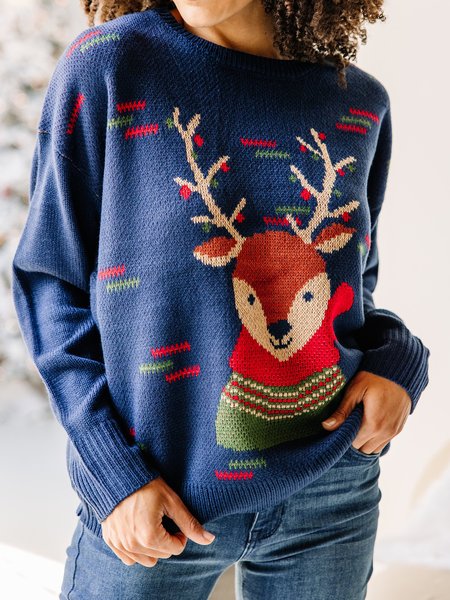 

Christmas Elk Long Sleeve Round Neck Warm Sweater, Blue, Sweaters