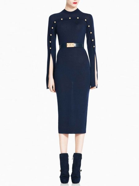 

Skinny Solid Elegant Midi Dress, Dark blue, Midi Dresses