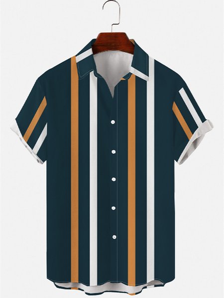 

Mens Striped Print Round Hem Loose Short Sleeve Shirts, Blue, Men's Floral shirt