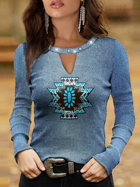 

Round Neck Tribal Regular Fit Shirts & Tops, Blue, Long sleeve tops