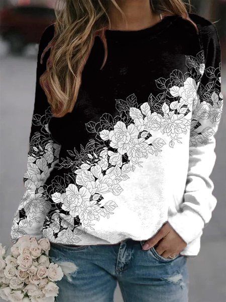 

Floral Crew Neck Long Sleeve Casual Sweatshirt, Black-white, Hoodies & Sweatshirts
