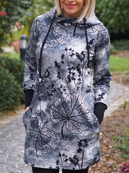 

Vintage Leaves Printed Long Sleeve Plus Size Casual Dresses, Black, Mini Dresses