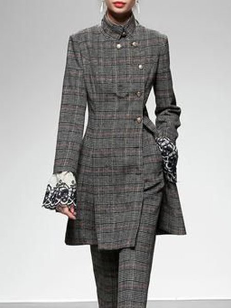 

Elegant Formal Stand Collar Plaid Jacket Outerwear, As picture, Jackets