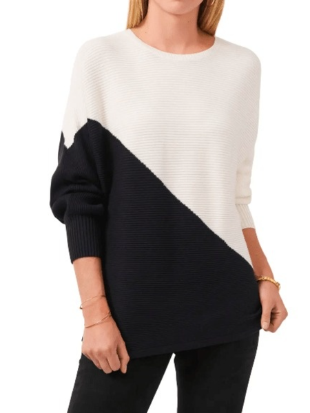 Winter Crew Neck Color Block Long sleeve Black-white Sweater, Pullovers
