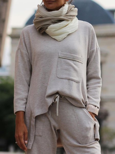 

Vintage Plain Pockets Long Sleeves Plus Size Casual Tops, Light gray, T-Shirts