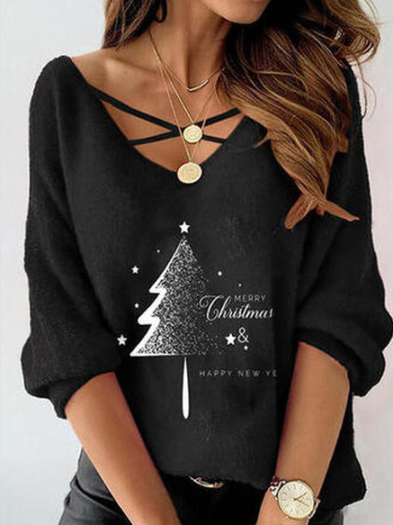 

Christmas Cotton Blends Casual Shirts & Tops, Black, Long sleeve tops
