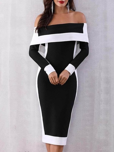 

Elegant Boat Neck Color Block Dress, Black-white, Midi Dresses