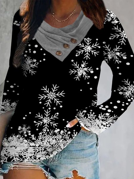 

Snowflake Printed Cowl Neck Long Sleeves Plus Size Casual Tops, Black, T-Shirts