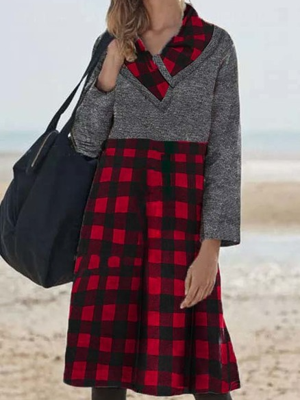 

Christmas Lapel Casual Cotton Blends Dresses, Red, Midi Dresses