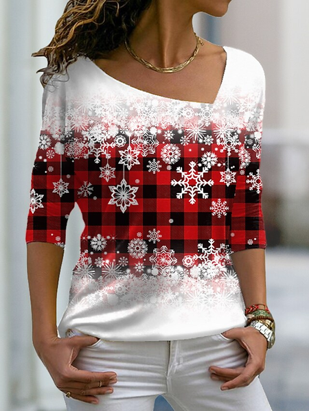 

Christmas Snowflake Red Checked/Plaid V Neck T-shirt, Long sleeve tops