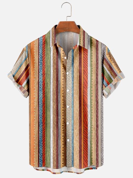 

Mens Striped Print Casual Breathable Chest Pocket Short Sleeve Hawaiian Shirts, Brown, Men's Floral shirt