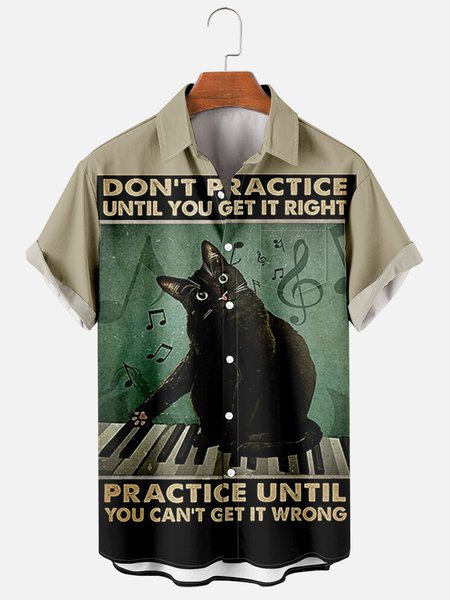 

Mens Cats Play Piano Print Casual Breathable Chest Pocket Short Sleeve Shirts, Green, Men's Floral shirt