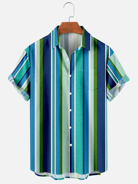 

Mens Striped Print Casual Breathable Chest Pocket Short Sleeve Shirts, Blue, Men's Floral shirt