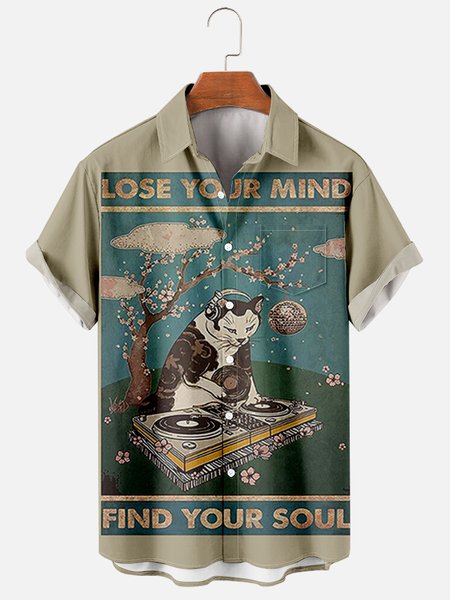 

Mens DJ Cats Print Casual Breathable Chest Pocket Short Sleeve Hawaiian Shirts, Gray, Shirts ＆ Blouse
