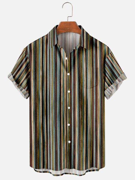 

Mens Striped Print Casual Breathable Chest Pocket Short Sleeve Hawaiian Shirts, Brown, Men's Floral shirt
