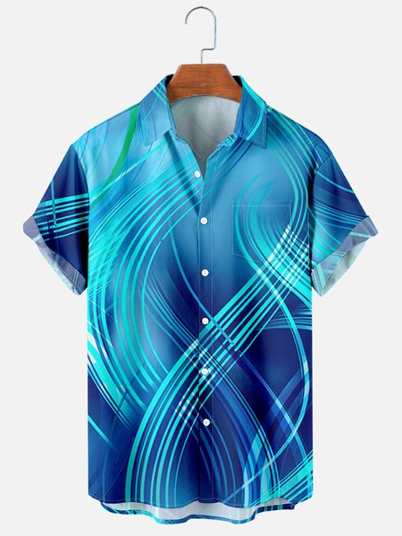

Mens Wave Print Casual Breathable Chest Pocket Short Sleeve Hawaiian Shirts, Blue, Men's Floral shirt