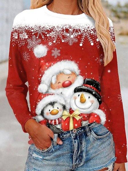 

Christmas Red Printed Round Neck Loosen Shirts & Tops, Tops