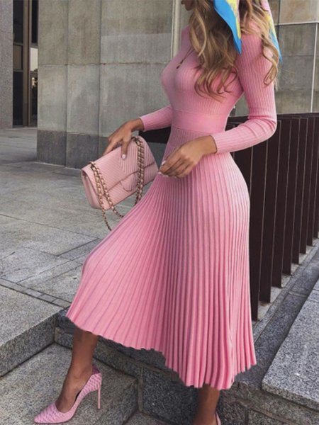

Long Sleeve Solid Skinny Elegant Midi Dress, Pink, Midi Dresses