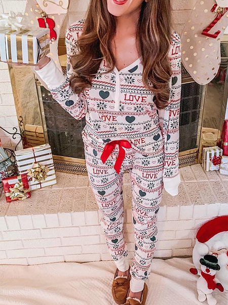 

Casual Printed Long Sleeves Household Pajamas Suits, White, Two-piece Outfits