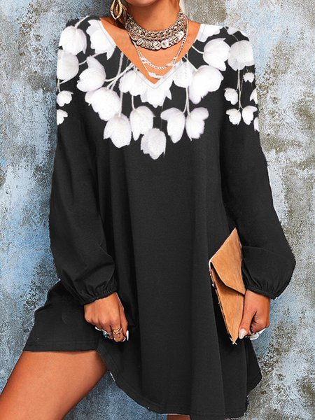Girocollo Casuale Floreale Abito, Nero, Mini Dresses