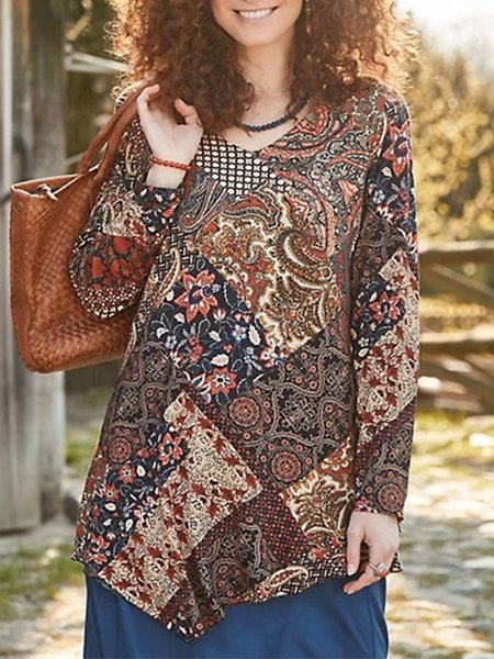 

Boho Tribal V Neck Long Sleeve Shirts & Tops, As picture, Tops