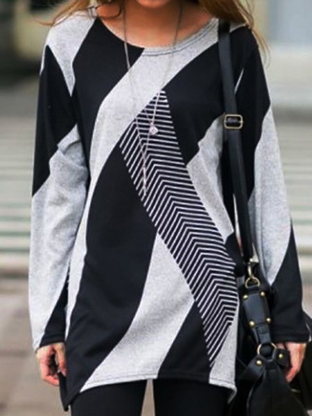 

Color-block Geometric Striped Printed Long Sleeves Crew Neck Plus Size Casual Tops, Black-grey, T-Shirts