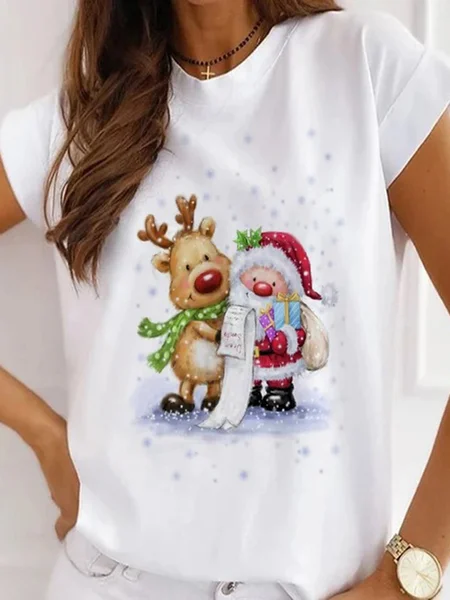 

Women Christmas Animal Loosen Crew Neck Cotton Blends Short Sleeve T-Shirt, Black-white, T-Shirts