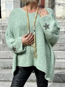 

Geometric V Neck Loosen Sweater, Mint, Sweaters