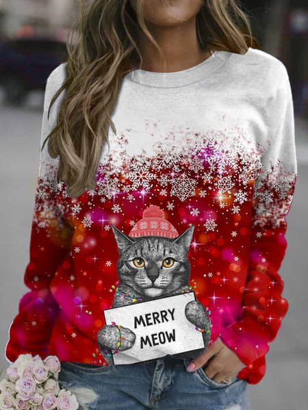 

Christmas cat print round neck long sleeve sweatshirt, As picture, Hoodies&Sweatshirts