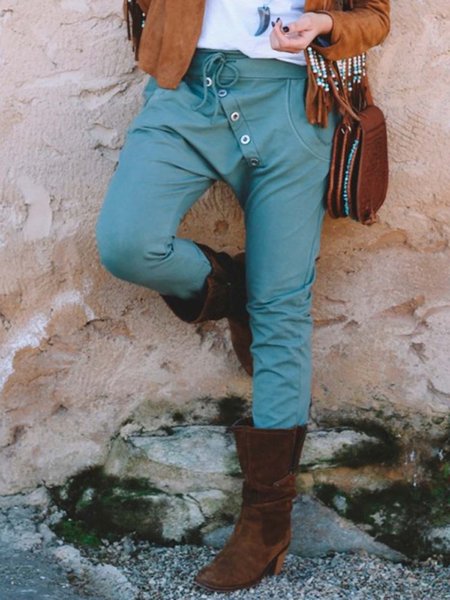 

Buttoned Plain Casual Pockets Pants, Lake blue, Pants