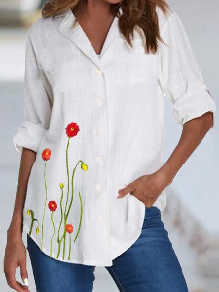 

Simple Embroidered Floral Shirts & Tops, White, Blouses & Shirts