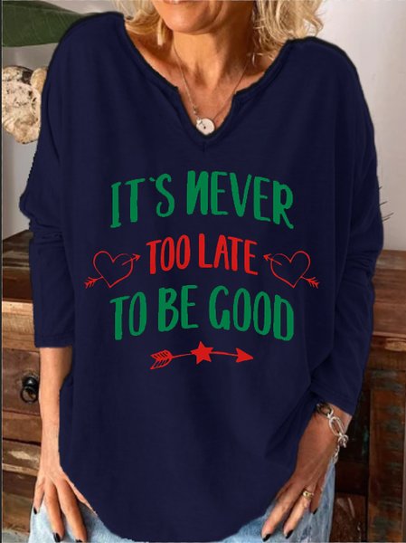 

Inspirational text print notched neck long sleeve shirt, Purplish blue, Hoodies&Sweatshirts