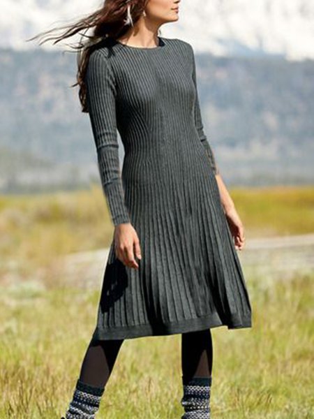 

Long Sleeve Round Neck Casual Dresses, Gray, Midi Dresses