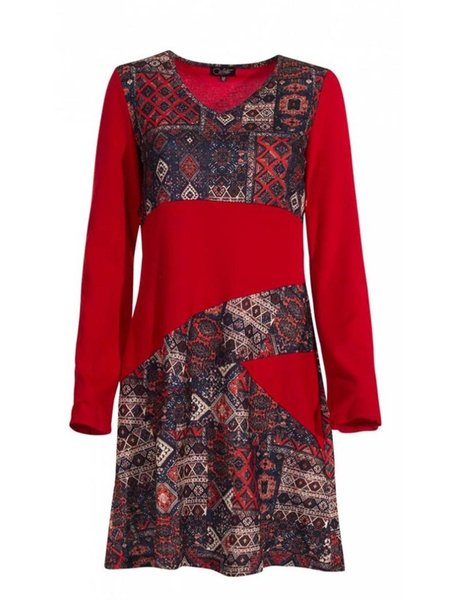 

Casual Long Sleeve V Neck Printed Dresses, Red, Mini Dresses