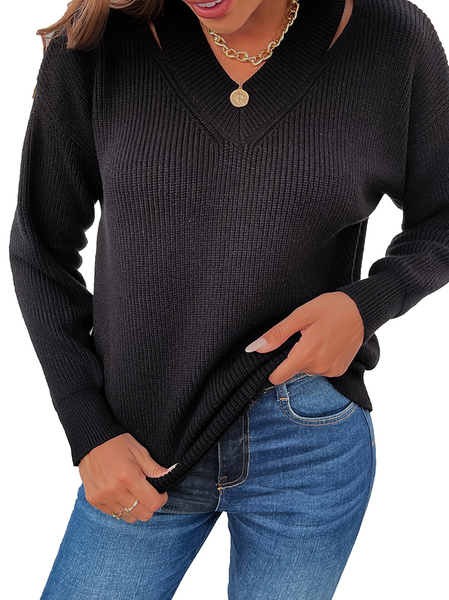 

Scollo a V Allentare Tinta unita Maglione, Nero, Sweater