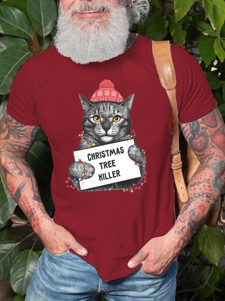 

Christmas cat print short-sleeved round neck cotton T-shirt, Red, T-shirts