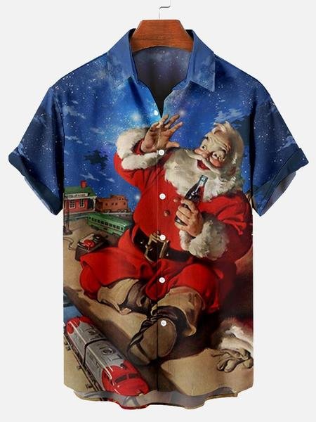 

Mens Christmas Santa Printed Casual Breathable Short Sleeve Shirts, Blue, Shirts ＆ Blouse