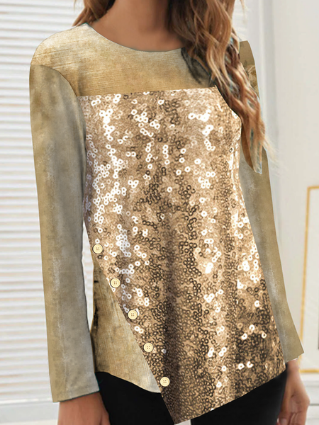

Glittering Sequin long sleeve round neck pocket knitted elastic velvet Korean VELVET TOP T-shirt, Apricot, Long sleeve tops