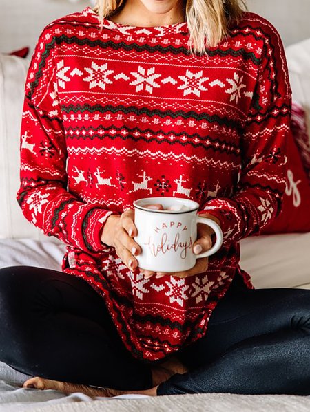 

Holiday Casual Christmas Round Neck Red Striped Tunic Tops, Long sleeve tops