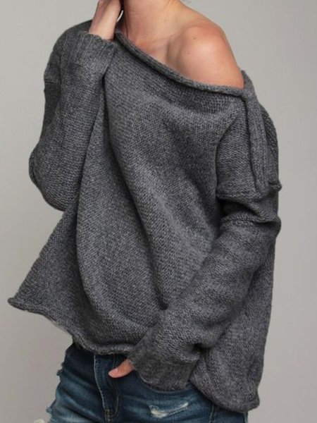 

Plain Loosen Boat Neck Shirts & Tops, Black-grey, Tops