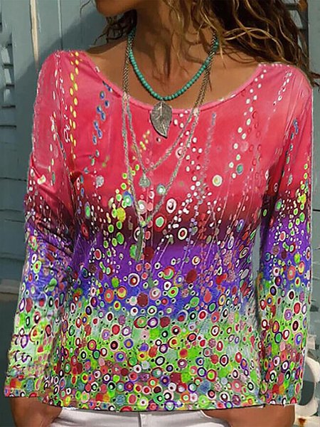 

Hippie Geometric Printed Crew Neck Long Sleeves Shirts & Tops, Red, Tops
