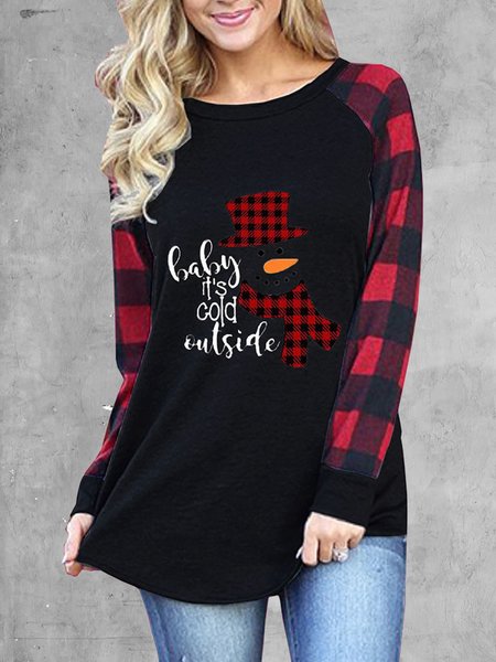 

Casual Crew Neck Christmas Snowman Shirts & Tops, Black, T-Shirts