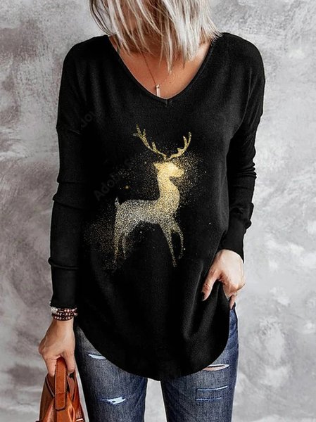 

Santa Elk Loosen Cotton Blends Tops, Black, Long sleeve tops