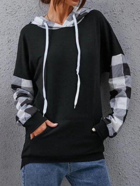 

Grid Printed Patchwork Loosen Casual Hooded Sweatshirt, Black, Sweatshirts & Hoodies