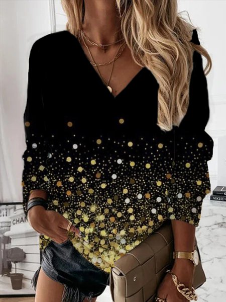 

Casual V neck Printed Long Sleeve Shirts & Tops, As picture, Tops
