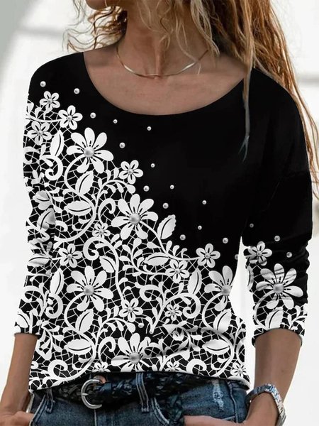 

Casual Long Sleeve Crew Neck Printed Top, Black, T-Shirts