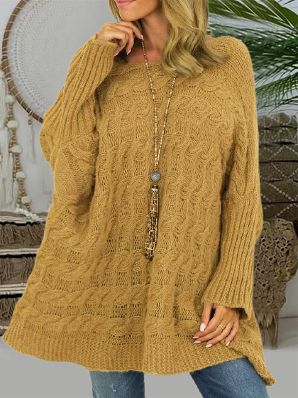 

Casual round neck solid color sweater, Yellow, Sweaters