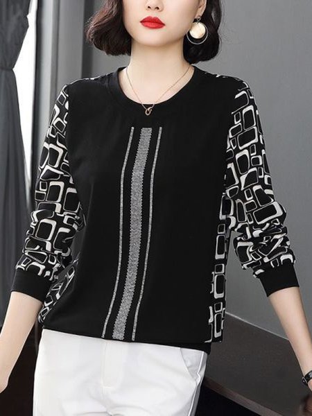 

Casual Elegant Cotton Blends Shirts & Tops, Black, Long sleeve tops