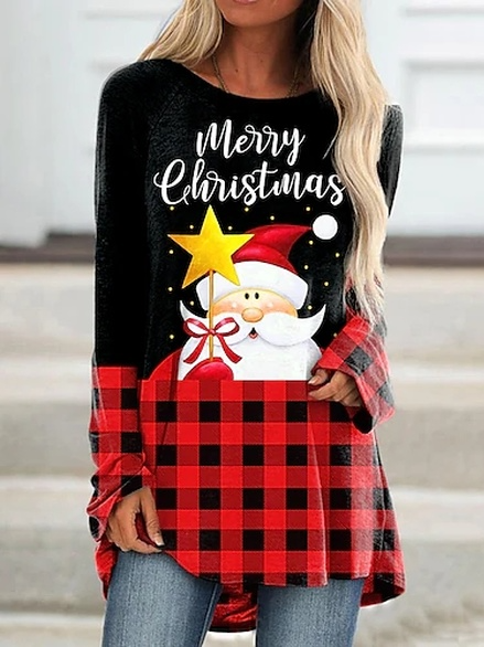 

Casual Christmas Snowman Shirts & Tops, Black-red, Long sleeve tops